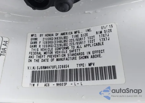 2015 Honda Cr-V Ex-L from USA, damaged, VIN 5J6RM4H79FL028854
